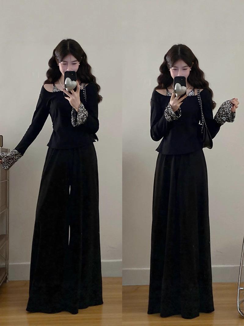 

Sequin Slim-Fit Long Sleeve T-Shirt & Pants Set for a Flattering Look XL