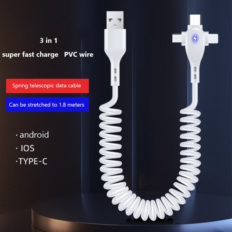 3 In 1 Retractable Usb Cable 6a 66w Fast Charging T-type Spring Data Cable Compatible For Ios
