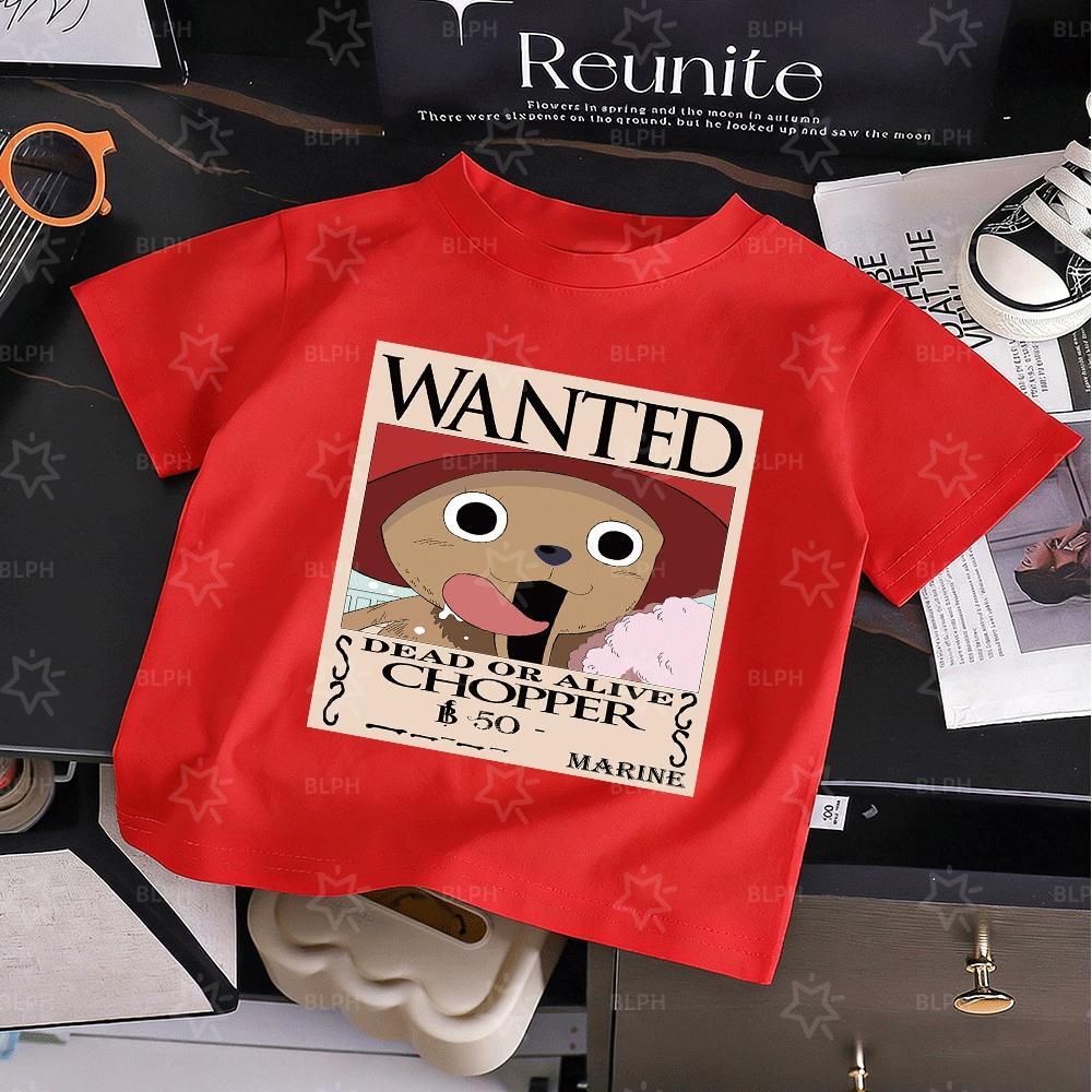 Cute One Piece Tony Tony Chopper Wanted Poster Kids T-Shirt, Adorable Cartoon Character Design, Soft Cotton Tee for Boys Girls