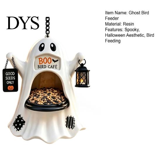 Unique Garden Ornament Halloween Ghost Bird Feeder, Outdoor Hanging Big Mouth Wild Feeding Resin Feeder for Yard Station, Spooky Statue Outside