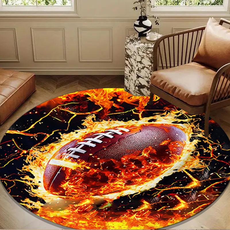 Flaming Football Artwork Round Rug for Livingroom,Bedroom, Palyroom, Chair Rug, Area rug, Circle Carpet, Large Size Fan Christmas gift