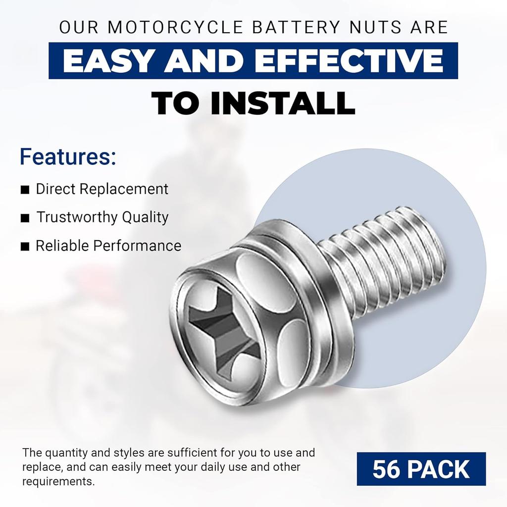 56 Pack Motorcycle Battery Terminal Nuts and Bolt Kit M6 X 10 Mm 12 Mm 16 Mm 20 Mm Bolt Square Nut Kit Stainless Steel Motorcycle Battery Screw and