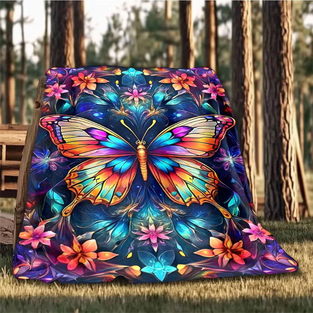 1pc Butterfly Flowers Throw Blanket Polyester Fiber, Lightweight Flannel, Soft & Warm, All Season Use for Outdoor, Camping Digital Print
