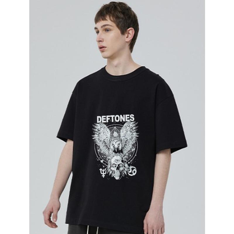 Black T Shirt with Deftones Band Logo and Owl Skull Graphic Design for Casual Wear
