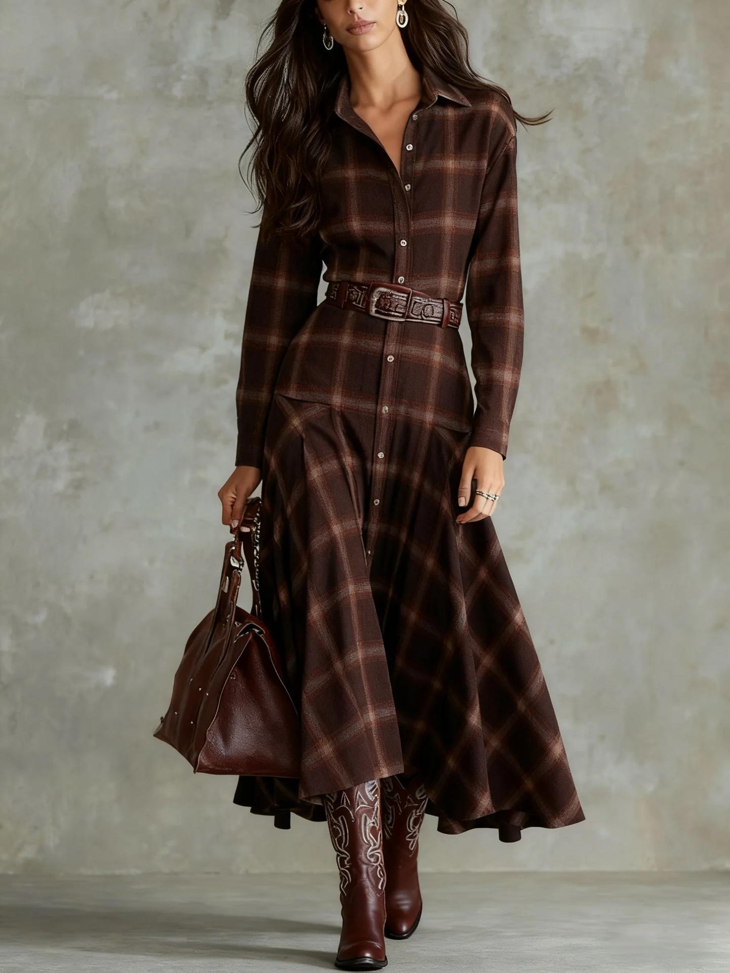 2026 European and American women s clothing retro temperament style long-sleeved plaid shirt women s loose waist large size coat dress S