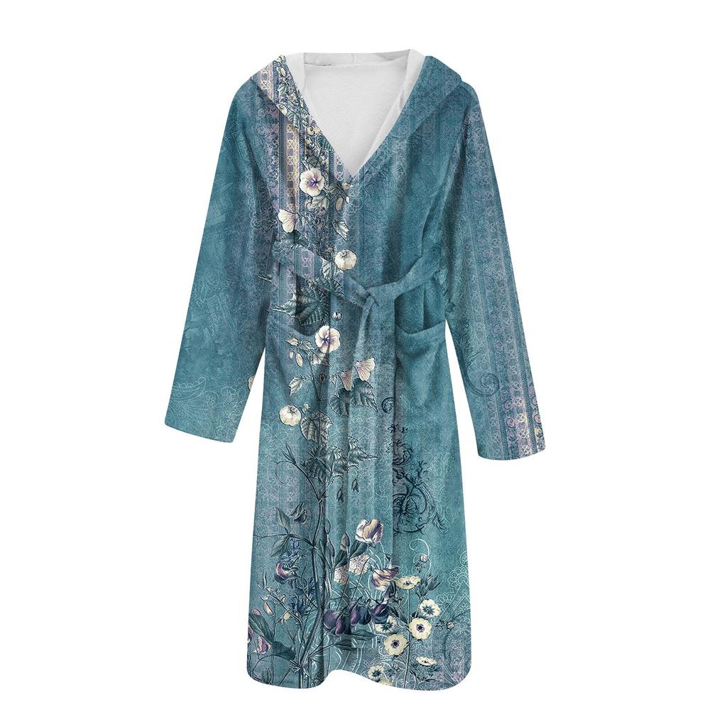 Flanell-Bademantel für Damen und Herren, lange Länge, Blumenmuster, Schnelltrocknend und Saugfähig, Geeignet für Alle Jahreszeiten, Frühling, Sommer, , Winter,