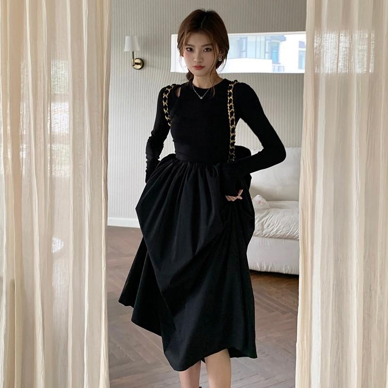

Autumn hollow knitted long-sleeved dress women s design sense niche waist thin temperament black long skirt XL чорний