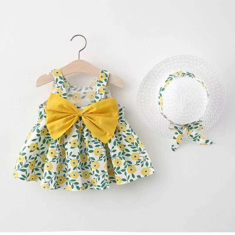 A749 Summer Baby Girl Princess Dress with Big Bow & Flower Skirt, Includes Hat, for Ages 1-4