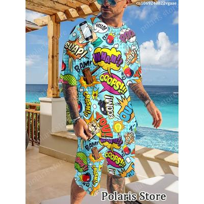 Summer Graffiti Sportswear Men's Fun T-shirt Set Manga Illustrations Loose Clothing Hip Hop Sportswear Two Piece Set Uniform Lig