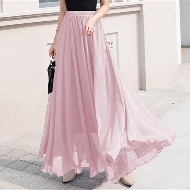 Women's European & American Chiffon High Waist Long Skirt - Solid Color, Spring/Summer Collection.