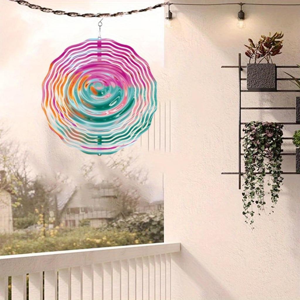 10-Inch Rotating Wind Spinner – Elegant Concentric Circles & Neon Spiral Design, 360° Swivel Hook for Balcony