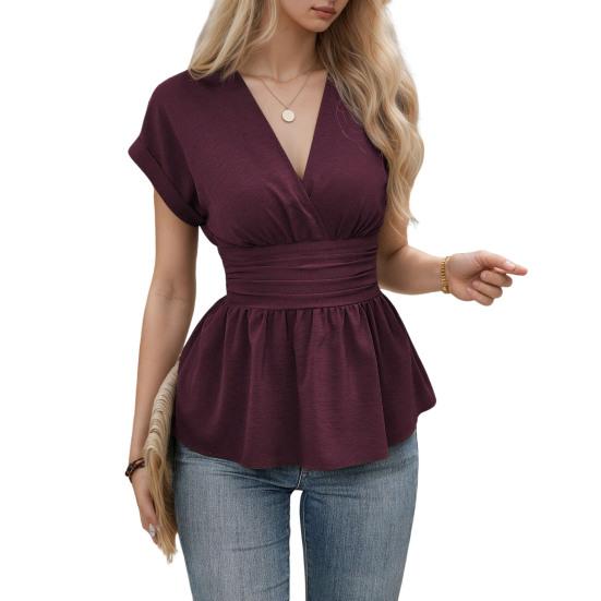 Women Tops V-neck Raglan Short Sleeve Shirt Pleated Hem Solid Color Waist-Hugging Regular Fit Tops Daily Wear