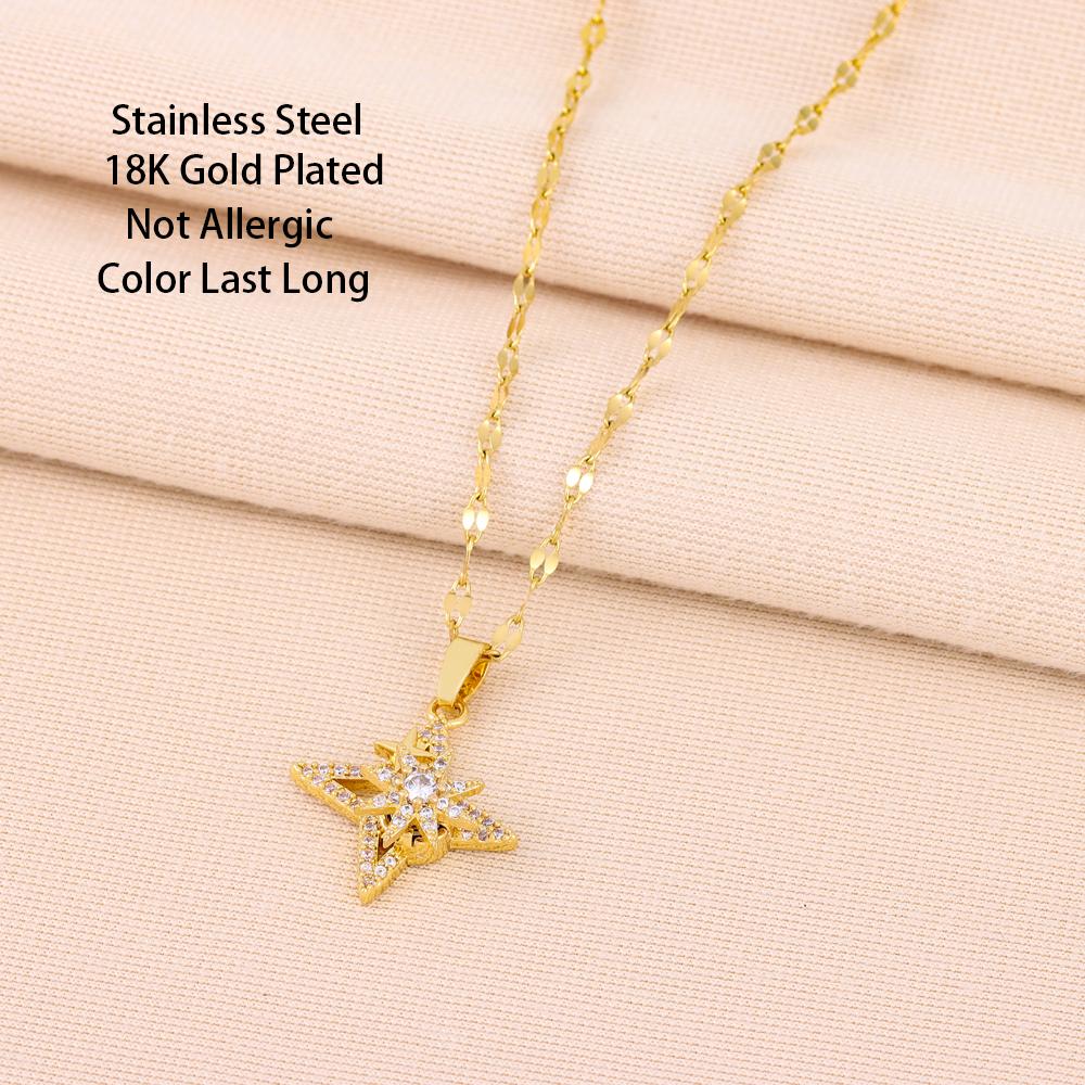 New In Rotatable Zircon Crystal Lucky Star Pendant Necklaces For Women Trendy Female Stainless Steel Chain Ladies Accessories