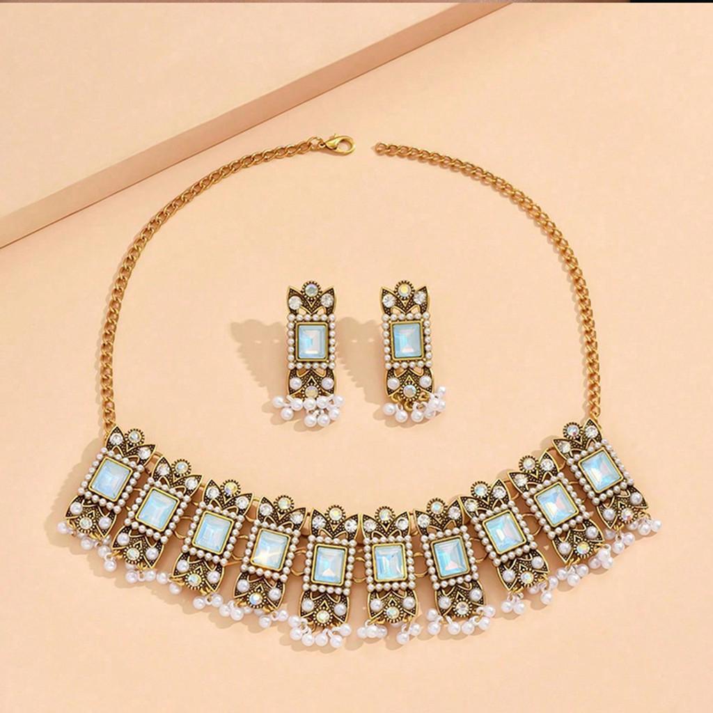 European Style Alloy Gemstone Necklace And Earrings Set With Artificial Pearl Dangles For Women