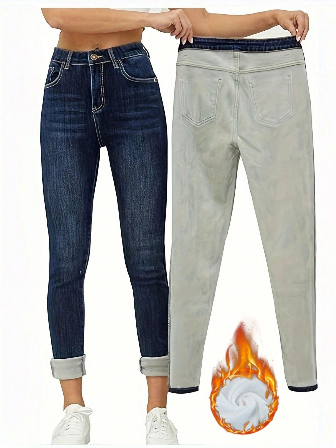 

2025 Women s Stylish Velvet Denim Skinny Pants - Versatile & Casual European/American Fit Extra Large темно-синий