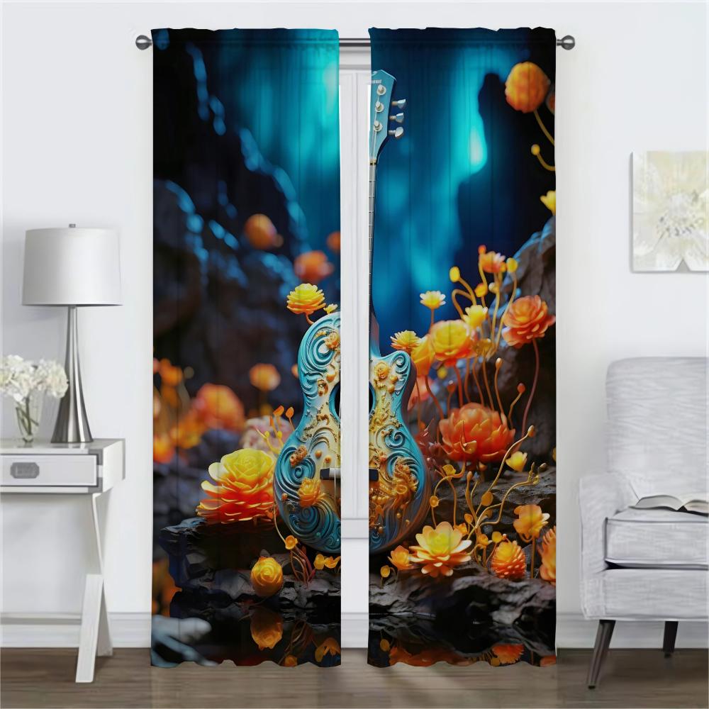 Antique Guitar Curtain Room Panel Curtains Bedroom Home Interior Halloween Decoration Shades Blinds Darkening Polyester Ideal For Master