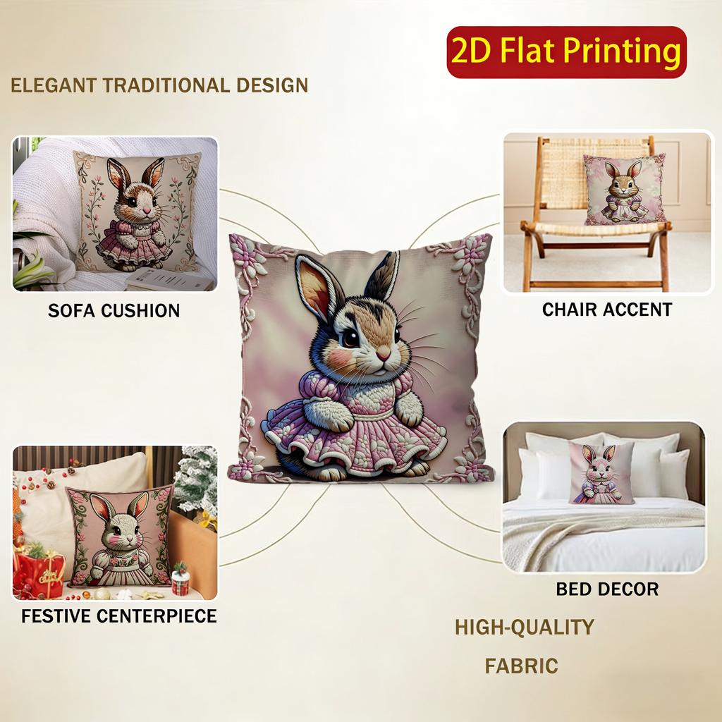 2D Cute Bunny Dressed In Flowers Pillow Covers Pattern Cushion Cover Suitable For Sofa Bedroom Car Pillow Cover