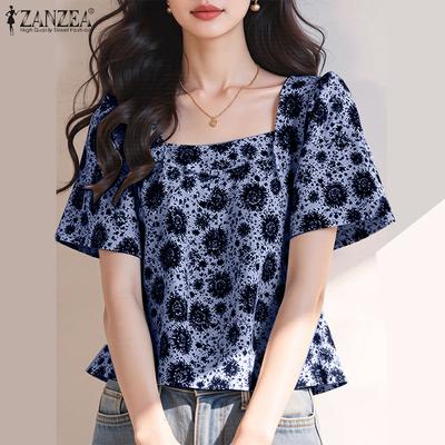 Damen Sommer Quadratischer Ausschnitt Kurzarm Lässige Print Bluse