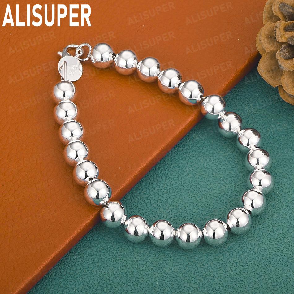 925 Sterling Silver 8mm Side Chain Simple Beaded Bracelet Gift Jewelry 20CM