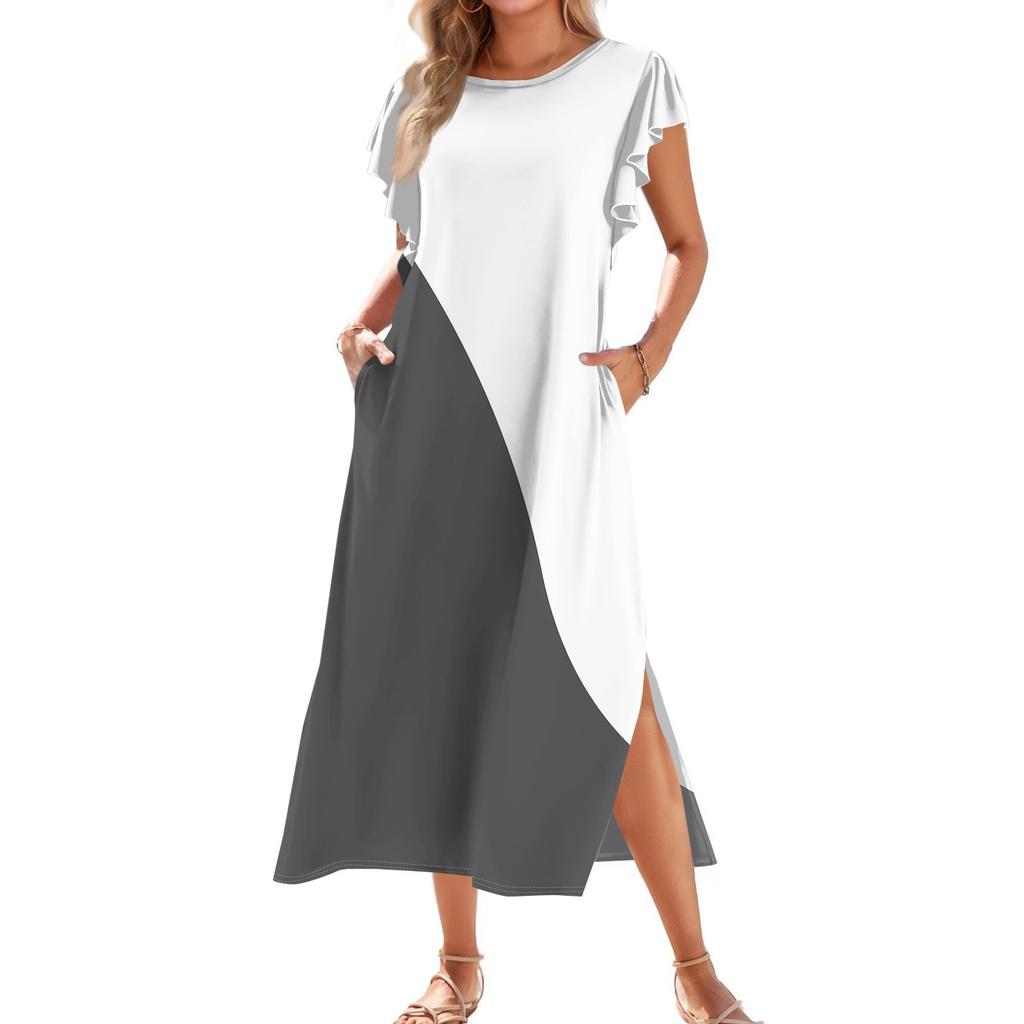 Ladies' Fashionable Summer Casual Pleated Sleeves, Loose Color Block Patchwork Printed Short-sleeved Round Tie Pocket Beach Dress