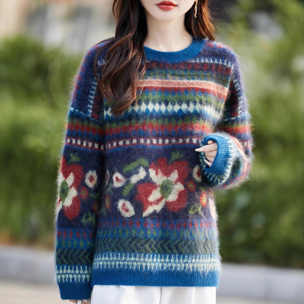 Autumn And Winter New Pulled Multi-Color Jacquard Crew-Neck Knitted Sweater Korean Lazy Style Loose Bottoming Top And Shirt