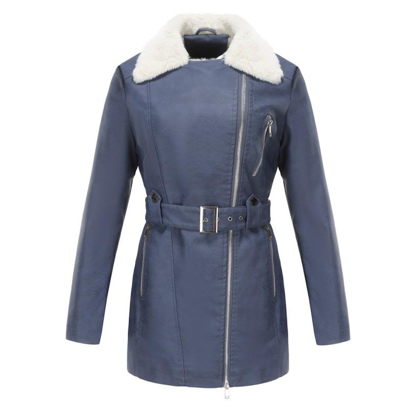Womens Faux Leather Long Sleeve Jacket With Belted Waist Warm Lined Winter Coat