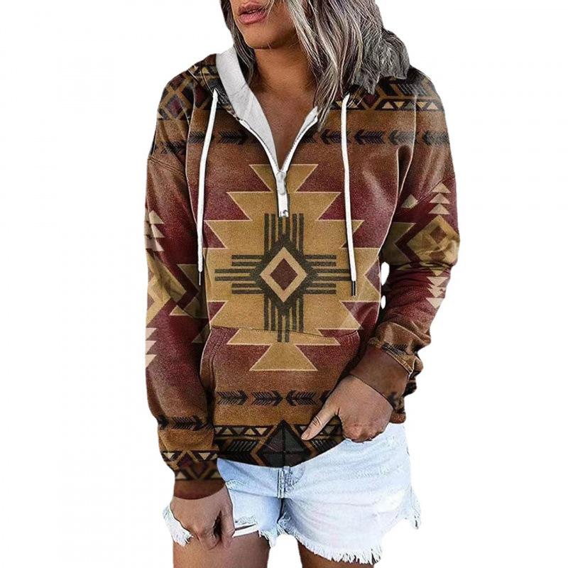 European American Autumn Winter Women New Style Ethnic Tribal Hooded Fleece Sweatshirt Printed Half Zip Jacket Top