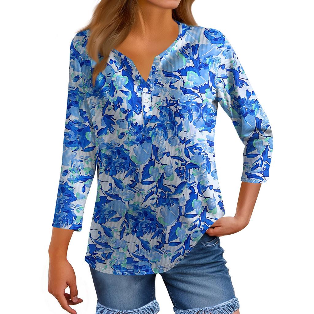 Women's T Shirt Tee Print Button 3/4 Sleeve Tunic Daily Weekend Fashion Basic V- Neck Regular Top