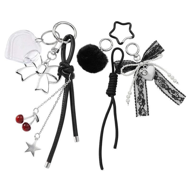 Y2K Exquisite Bow Cherry Pendant Keychain Black Woven Rope Knot Keyring Trendy Key Holder Bag Charm Handbag Pendant For Girls