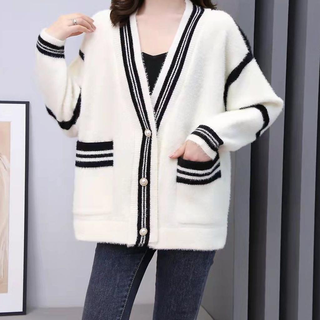 New Spring and Autumn Lazy Wind Imitation Mink Fleece Sweater Cardigan Women's Loose Casual Knitted Sweater Jacket