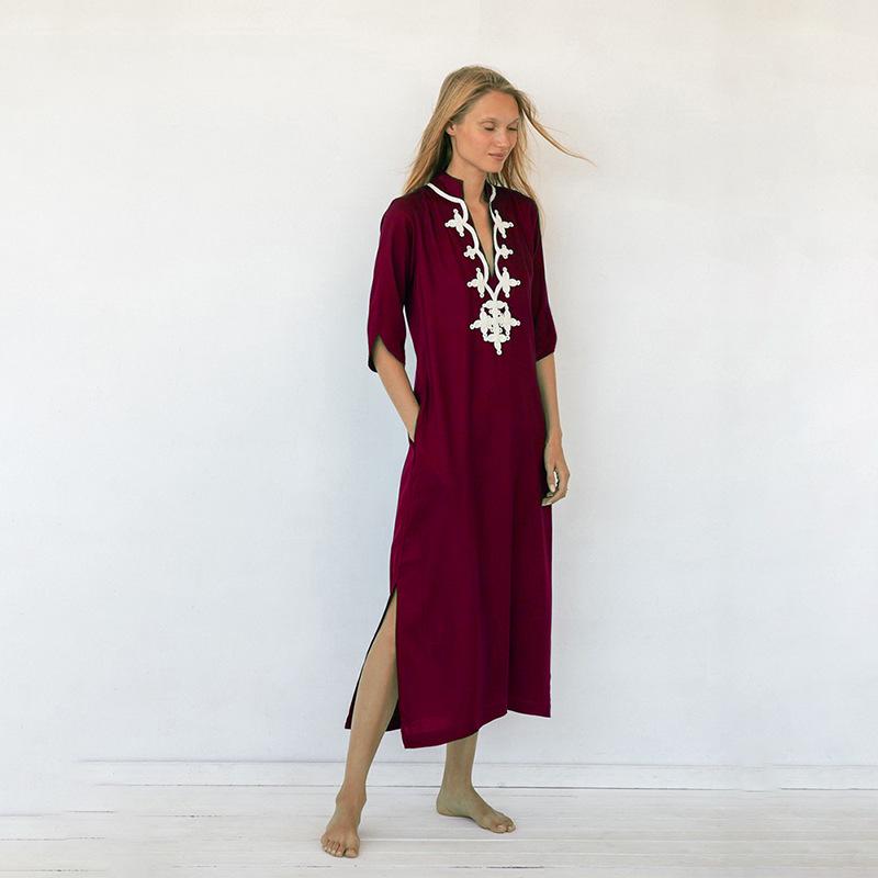 European & American Rayon Stand-Up Collar Embroidered Long Beach Robe for Women