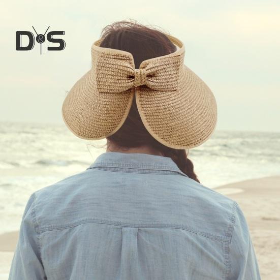 Outdoor Ladies Hat Empty Top Foldable Large Brim Bow Decor Sun Protection Anti-UV Beach Straw Cap Gardening Fishing Travel Hat