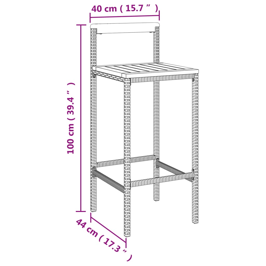 Bar Stool Set of 2 Grey Poly Rattan and Solid Acacia Wood