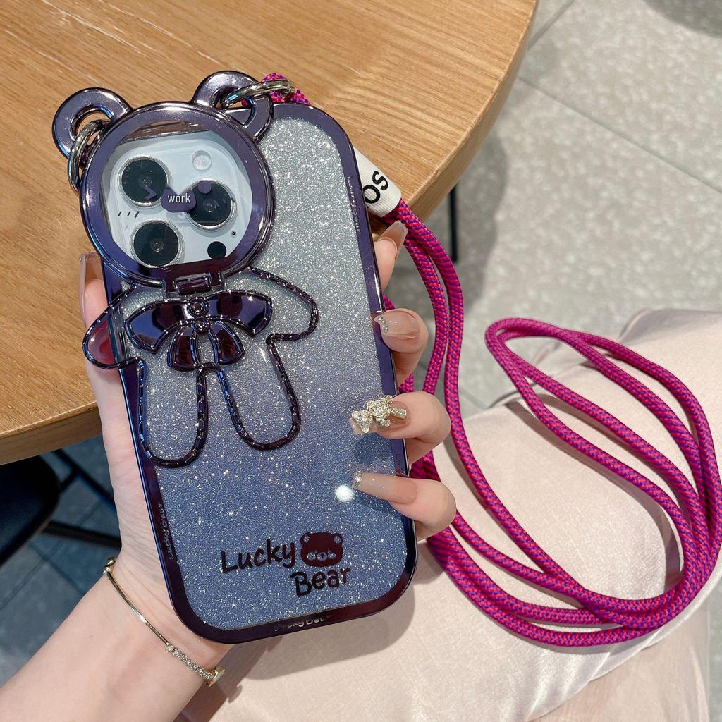 Glitter Lanyard Silicone Case with Bracket for iPhone 13/14/15 Pro Max & 16
