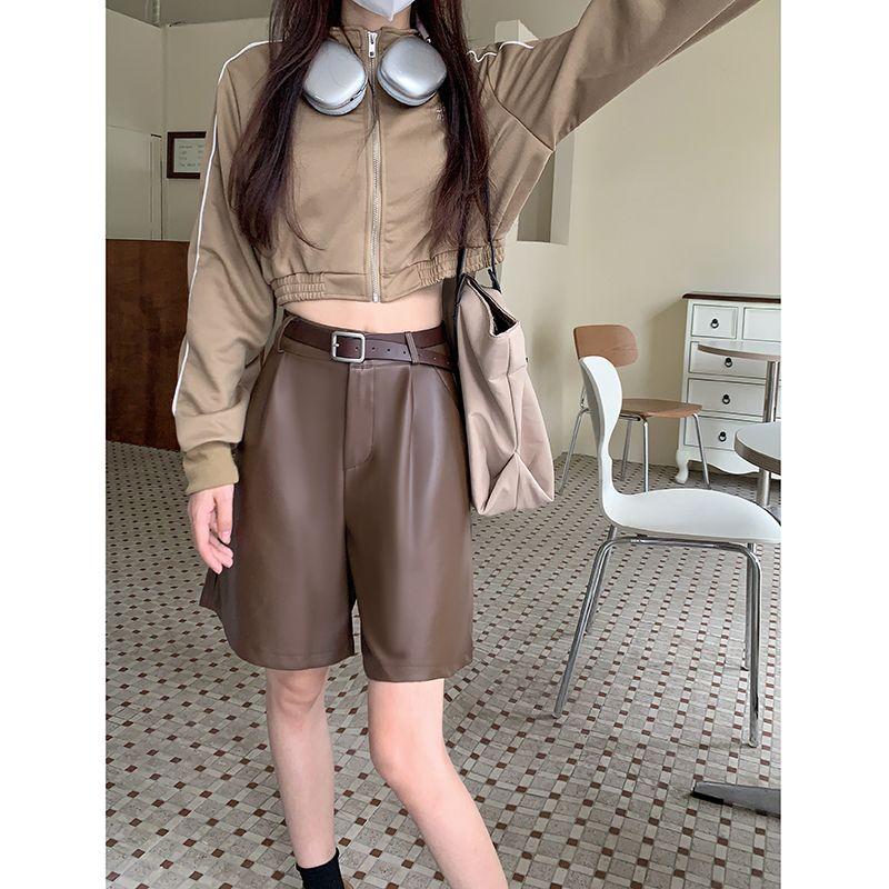 

Kumikumi Design Sense Solid PU Leather High Waist Casual Pants Women Autumn Versatile Loose Slimming Wide Leg Pants Middle Pants Curry color matching belt M