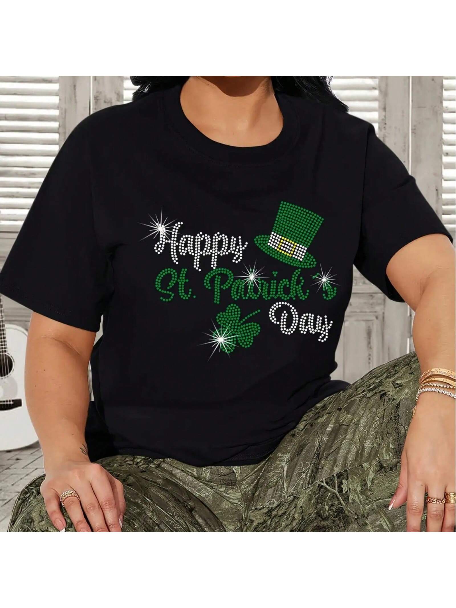 S St. Patrick Day Graphic T-Shirt, Blend, Casual Crew Neck Tee, With Green Rhinestone Hat & Clover Design, For S разноцветный