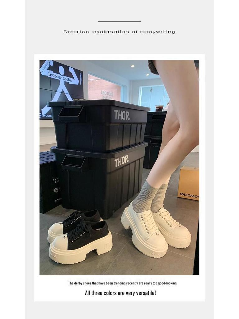 Grape Mom's Style White Canvas Shoes - Women's Lace-Up, Large Round Toe, 7cm Thick Sole, Height-Increasing, Casual Autumn/Winter Footwear