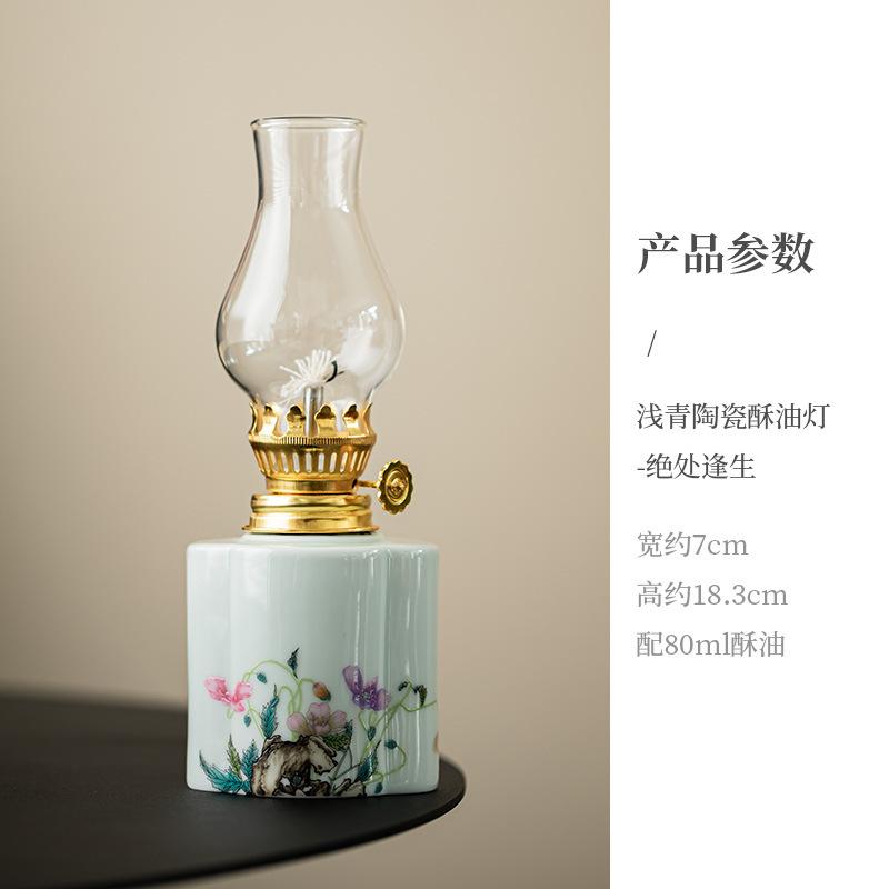 Hand-painted Ceramic Butter Lamp Camping Atmosphere Home Tealight Kerosene Chinese Tea Room Creative Decoration Ornament Crafts