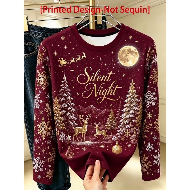 Women's elegant long sleeves, Christmas starry sky, elk and snowflake print, round neck bottoming shirt, perfect for daily commuting