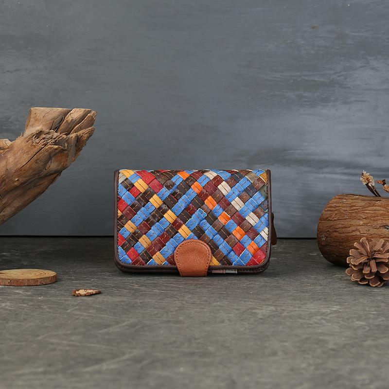 Pravá kůže Tkaná Barevně blokovaná Krátká peněženka Velkokapacitní Více slotů Skládací Taška s přezkou