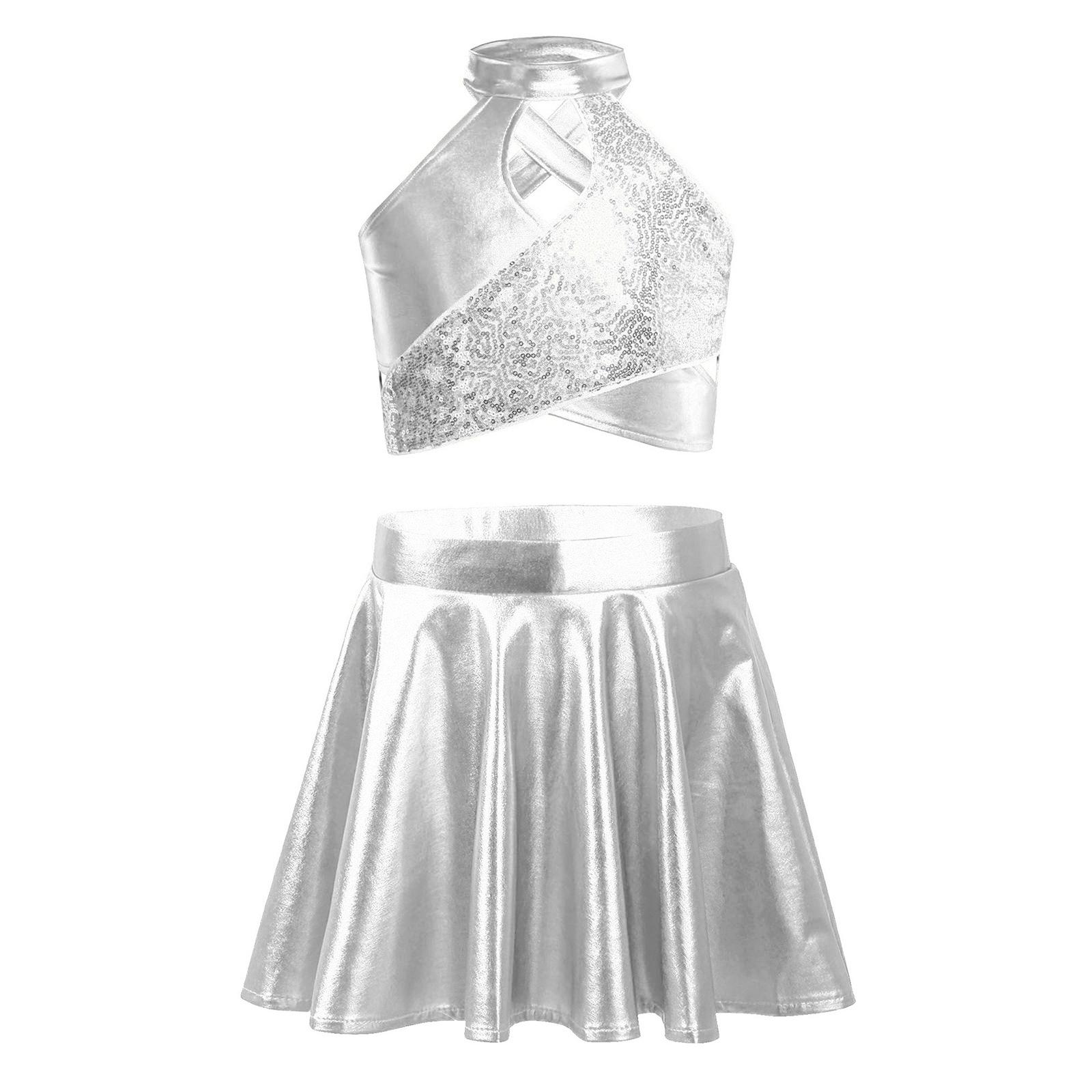 

Girls Jazz Dance Costume Cross Keyhole Sparkly Sequins Metallic Crop Top Shiny A-Line Skirt 5-6 Years срібний