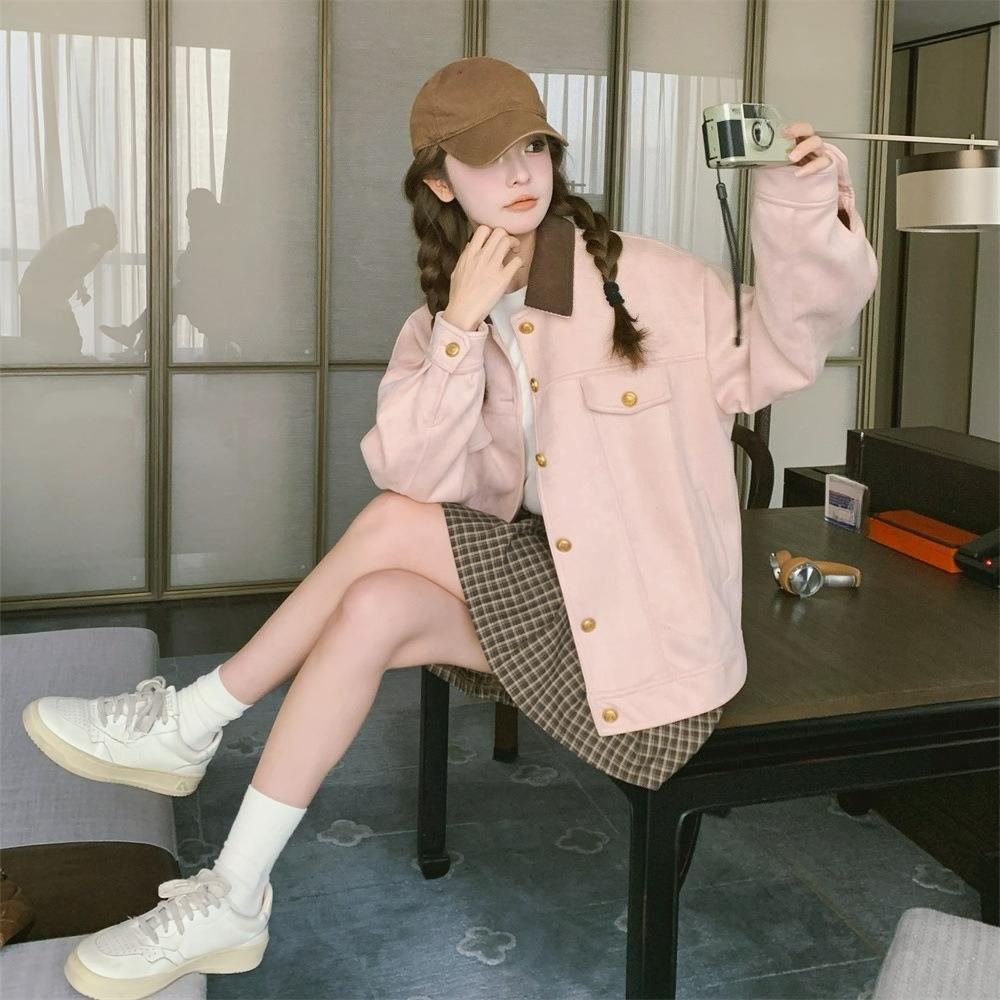 Pink Suede Tooling Jacket Women's Autumn and Winter Sweet Little Casual Jacket Top