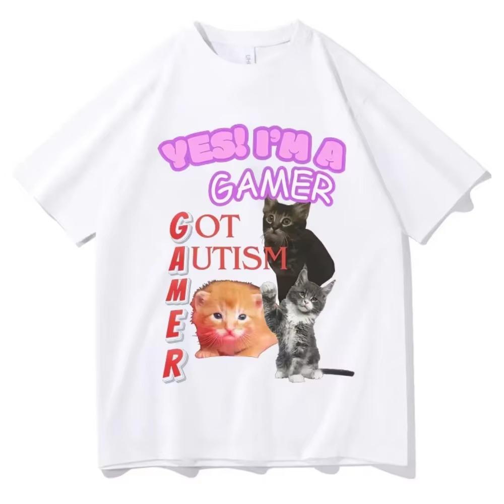 I Am Autistism Gamer Cat TShirt Funny Humor Graphic Tee Unisex Casual Cotton Streetwear Top for Women Men Summer Oversized