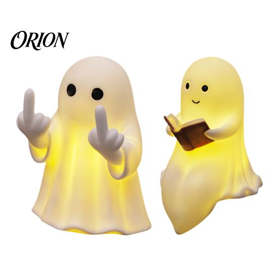 Novelty Dorm Room Decor Halloween Ghost Lamp, Cute Middle Finger Ghost/Reading Book Night Light, Funny Light Spooky Figurine for Tabletop, Indoor Home