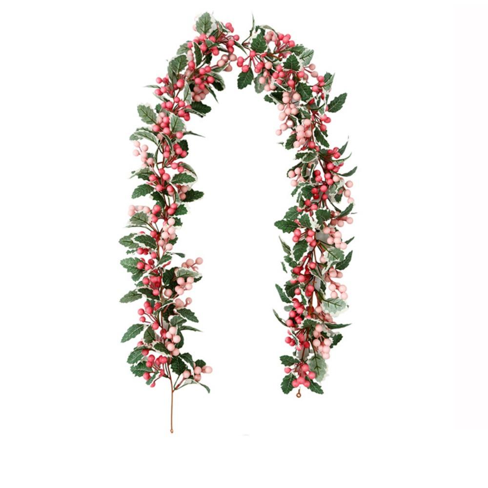 Green Leaves Christmas Pink Berries Wreath DIY Simulation Plants New Year