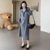 Navy Collar Plus Size Korean Style Knit Maternity Dress
