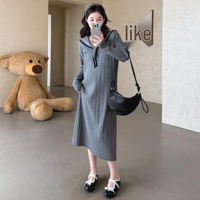 Navy Collar Plus Size Korean Style Knit Maternity Dress Extra Large