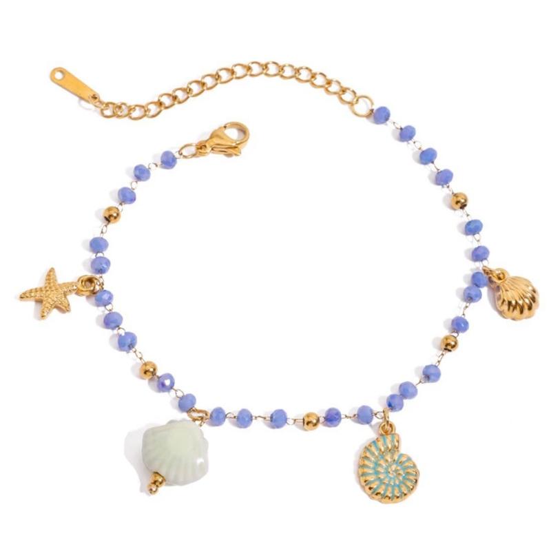 Adjustable Oceanic Starfish Shell Charm Bracelet Stainless Steel Acrylic Pearls Accent Pendant Wrist Chain Jewelry