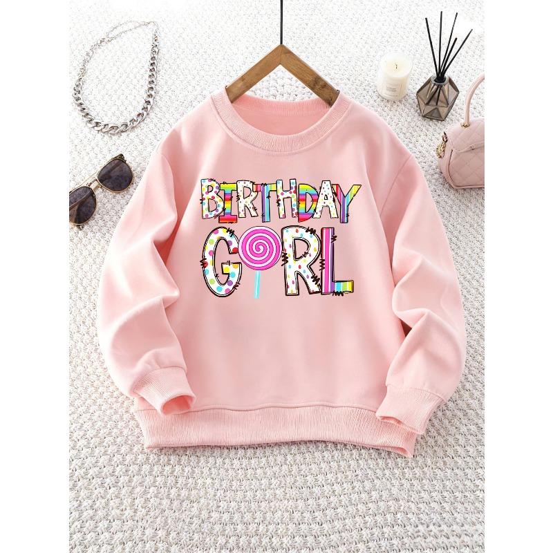 Girls' Crew Neck Sweatshirt | Colorful BIRTHDAY GIRL Letters with Candy Pattern, Long Sleeve, Casual Style