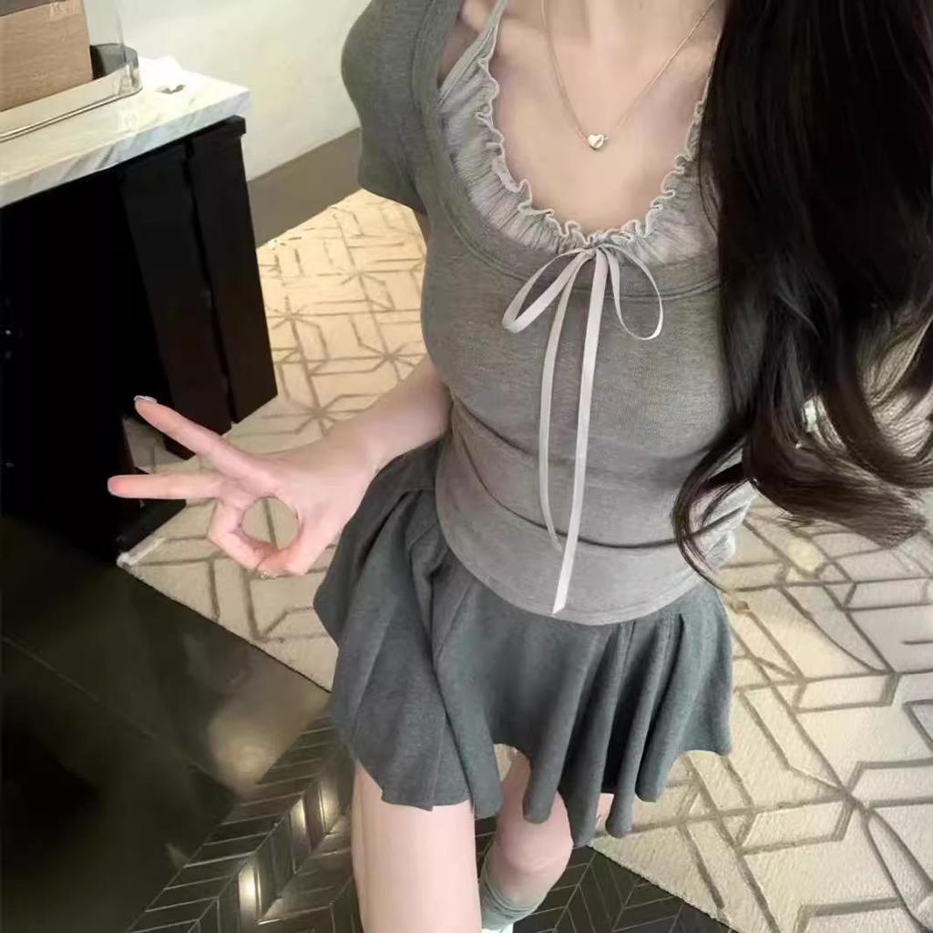 2025 Summer Chic Halter Neck Faux Two-Piece Short-Sleeve T-Shirt for Petite Women